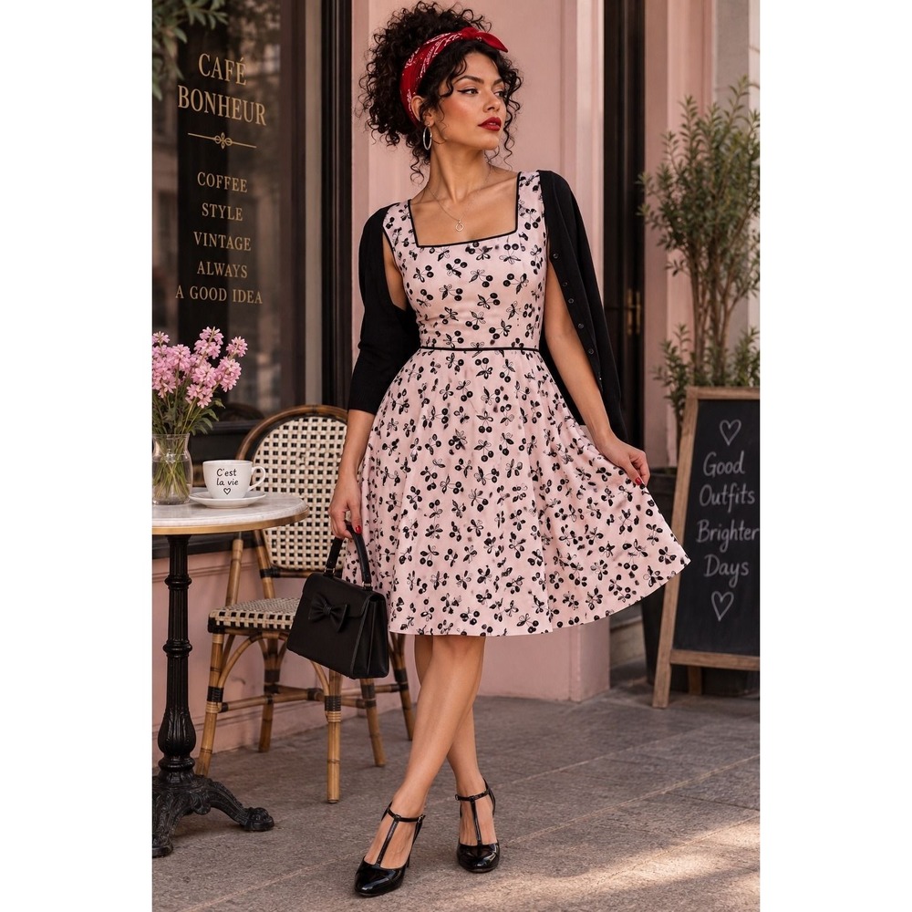 Yves Cossette Cherry Print Dress Size 14 Pink Black Lined